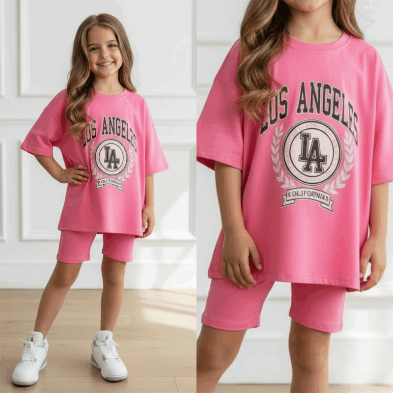 LA set oversized t shirt en legging short in pink