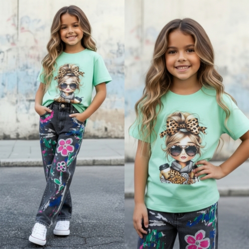 Mint chic girl t shirt meisjes met stijlvolle girl print en zonnebril Mint chic girl t shirt meisjes met stijlvolle girl print en zonnebril