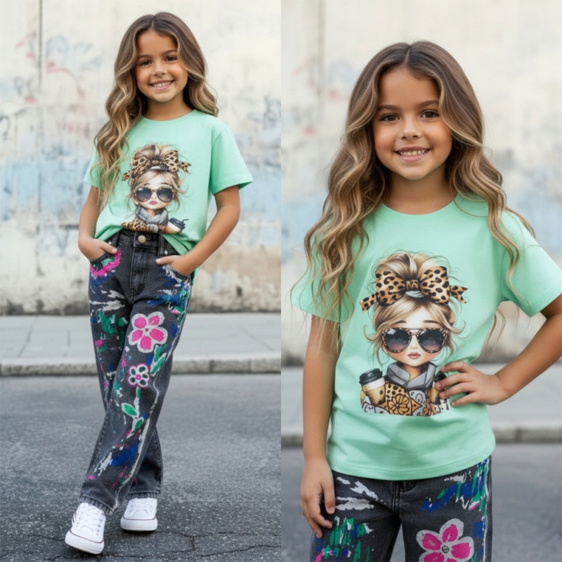 Mint chic girl t shirt meisjes met stijlvolle girl print en zonnebril