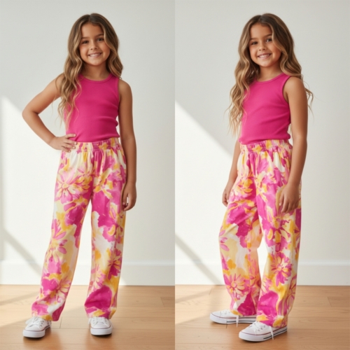 Pink Bloom Summer Set meisjes met roze top en bloemrijke zomerse broek Pink Bloom Summer Set meisjes met roze top en bloemrijke zomerse broek