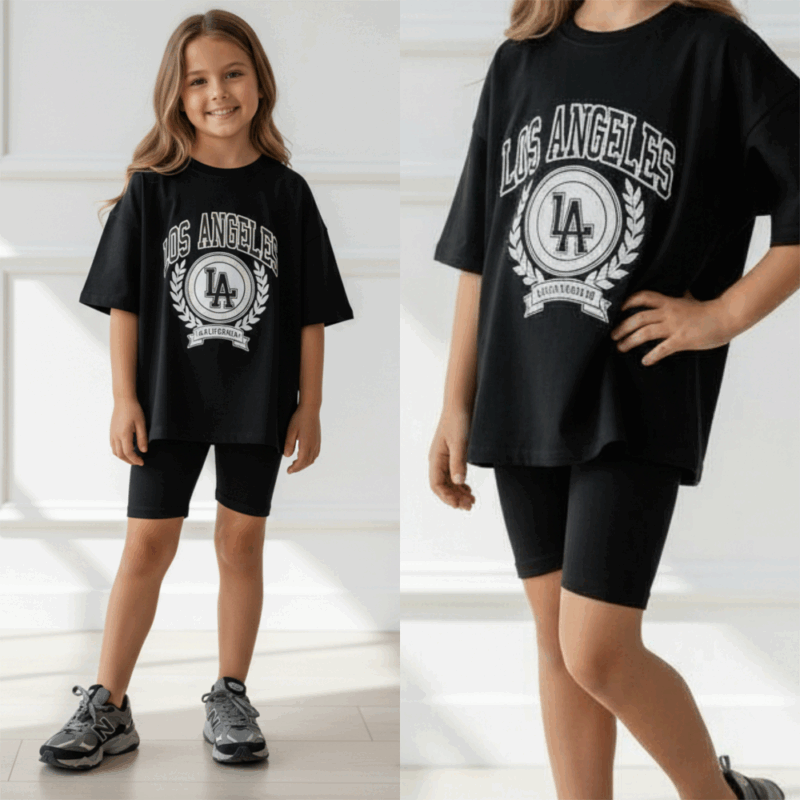 Set LA oversized t shirt & legging short zwart Set LA oversized t shirt & legging short zwart