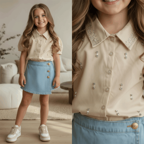 beige blouse meisje parels