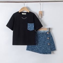 denim rok leopard zwart set