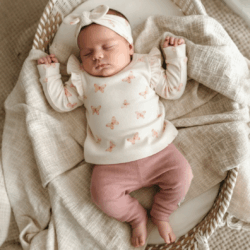 handgemaakte baby setje met vlinderprint en oud roze broekje