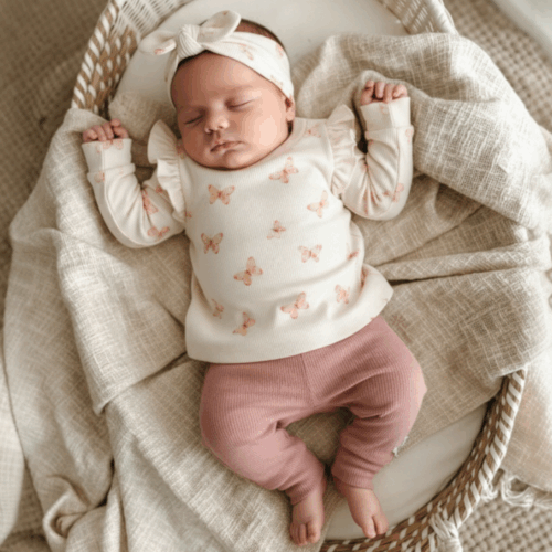 handgemaakte baby setje met vlinderprint en oud roze broekje