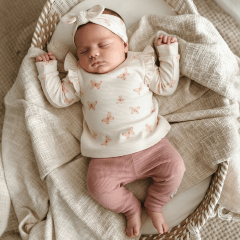 handgemaakte baby setje met vlinderprint en oud roze broekje