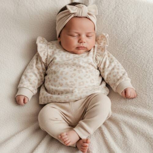 handgemaakte meisjes setje leopard beige