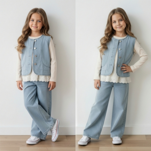 meisjes denim set blauw driedelig soft blue denim set