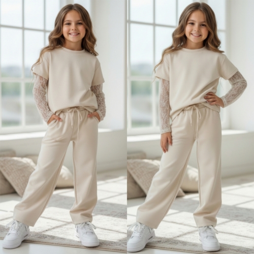 meisjes loungeset beige met kanten mouwen