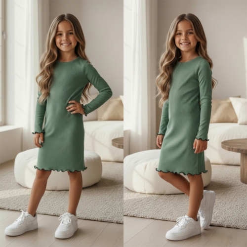 meisjes rib jurkje groen lange mouwen