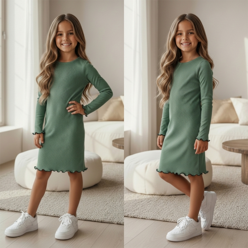 meisjes rib jurkje groen lange mouwen