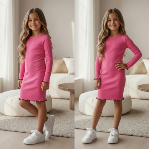 meisjes rib jurkje roze lange mouwen