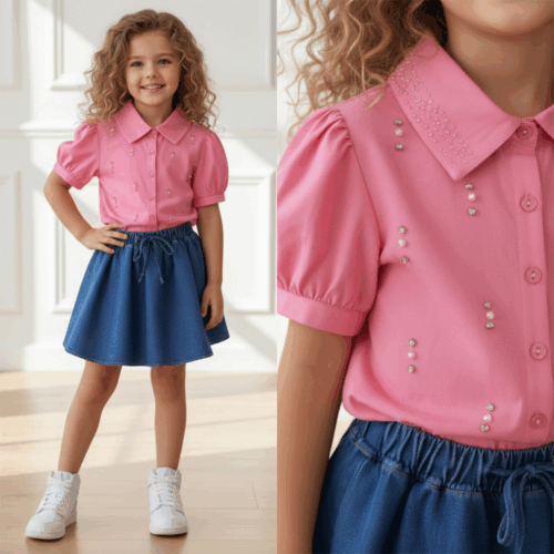 roze blouse meisje parels