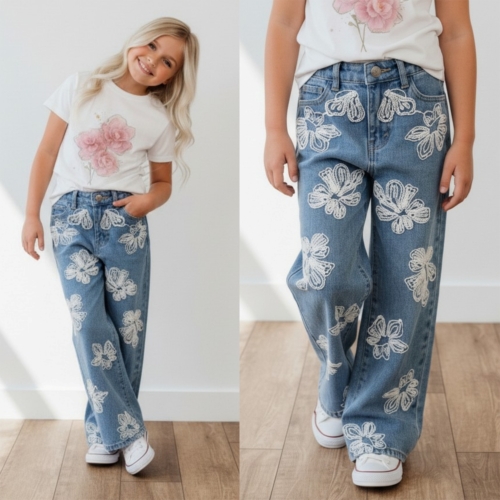 wide fit jeans met witte bloemen