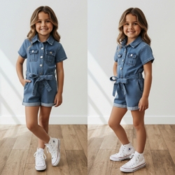 meisjes denim jumpsuit blauw kort met knopen en tailleband