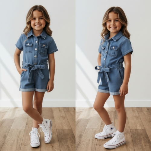 meisjes denim jumpsuit blauw kort met knopen en tailleband