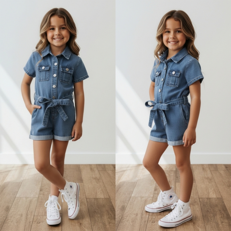 meisjes denim jumpsuit blauw kort met knopen en tailleband