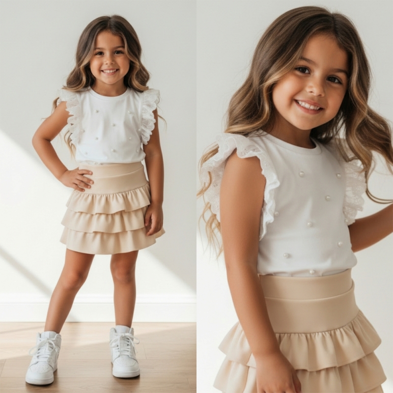 meisjes ruffle top wit parel bloemetjes