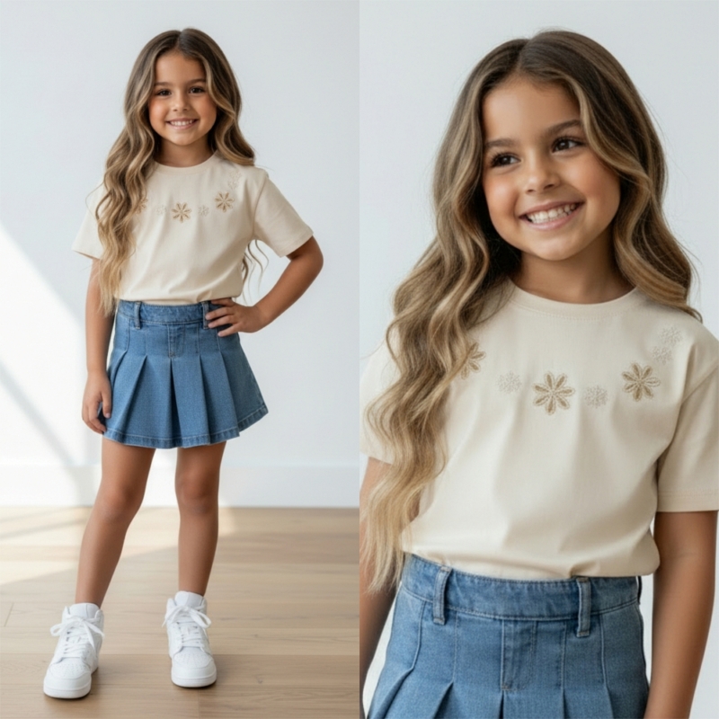 meisjes t shirt beige broderie bloem