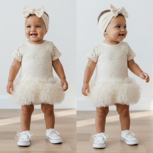 baby meisjes jurk crème kant met tutu en haarband feestjurk