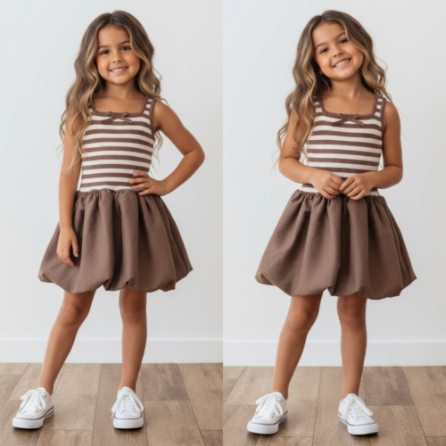 meisjes ballon jurkje bruin met streep 1 meisjes ballon jurkje bruin met streep