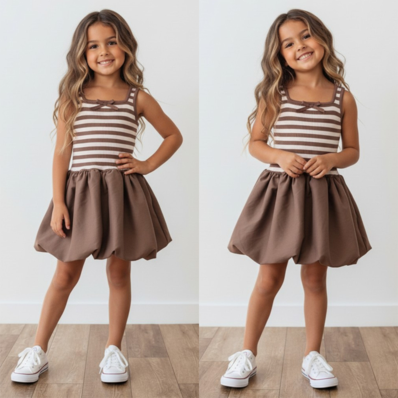 meisjes ballon jurkje bruin met streep meisjes ballon jurkje bruin met streep