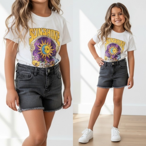 meisjes denim short grijs zwart met rafelrand