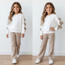 meisjes joggingpak wit beige strikjes