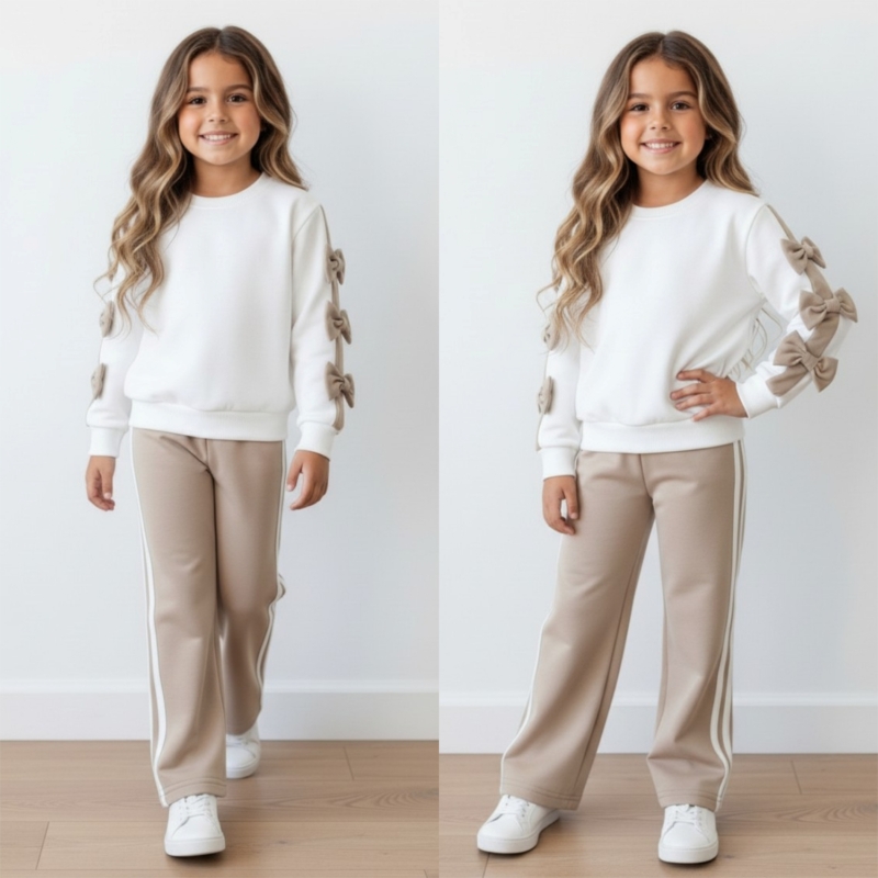 meisjes joggingpak wit beige strikjes