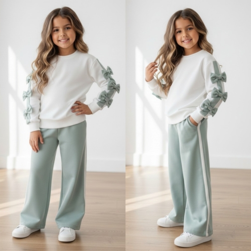 meisjes joggingpak wit sage groen strikjes