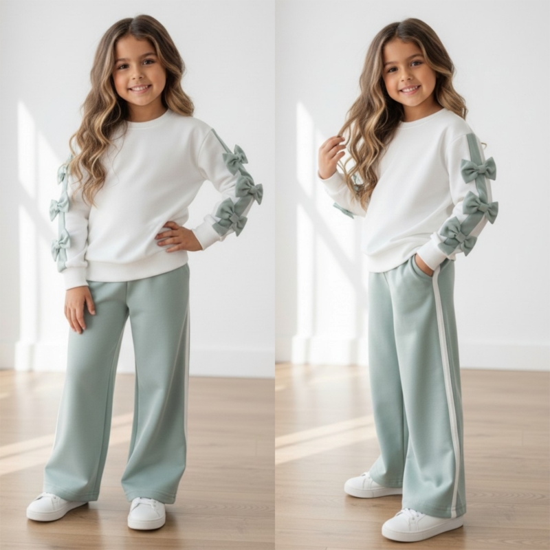 meisjes joggingpak wit sage groen strikjes meisjes joggingpak wit sage groen strikjes