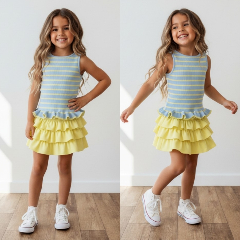 meisjes rib top blauw geel gestreept met roes meisjes rib top blauw geel gestreept met roes