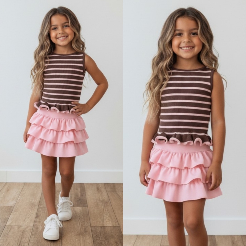 meisjes rib top bruin roze gestreept met roes meisjes rib top bruin roze gestreept met roes