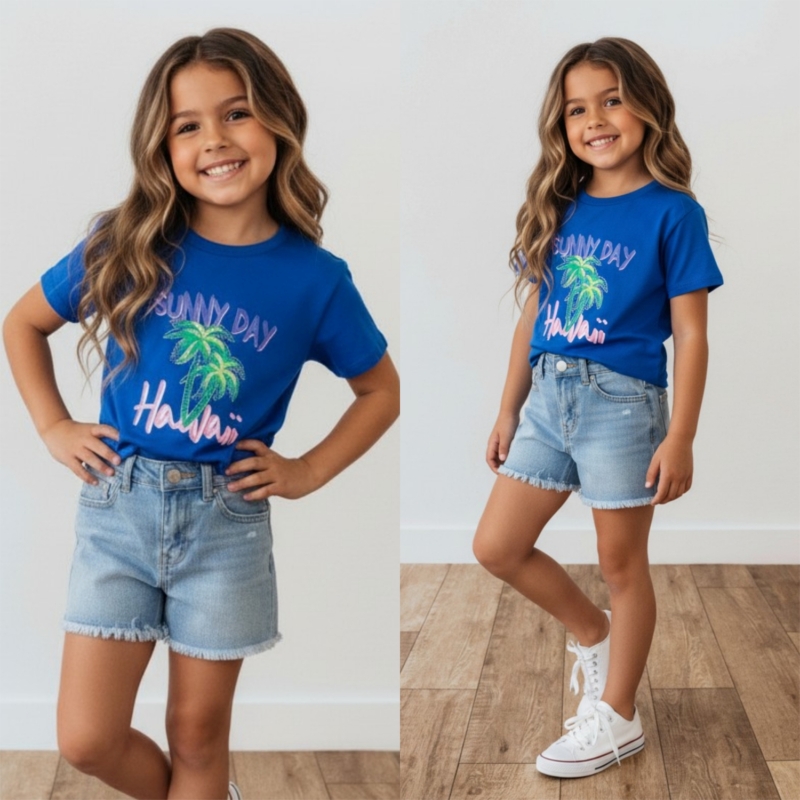 meisjes shirt blauw met hawaii print en palmboom meisjes shirt blauw met hawaii print en palmboom