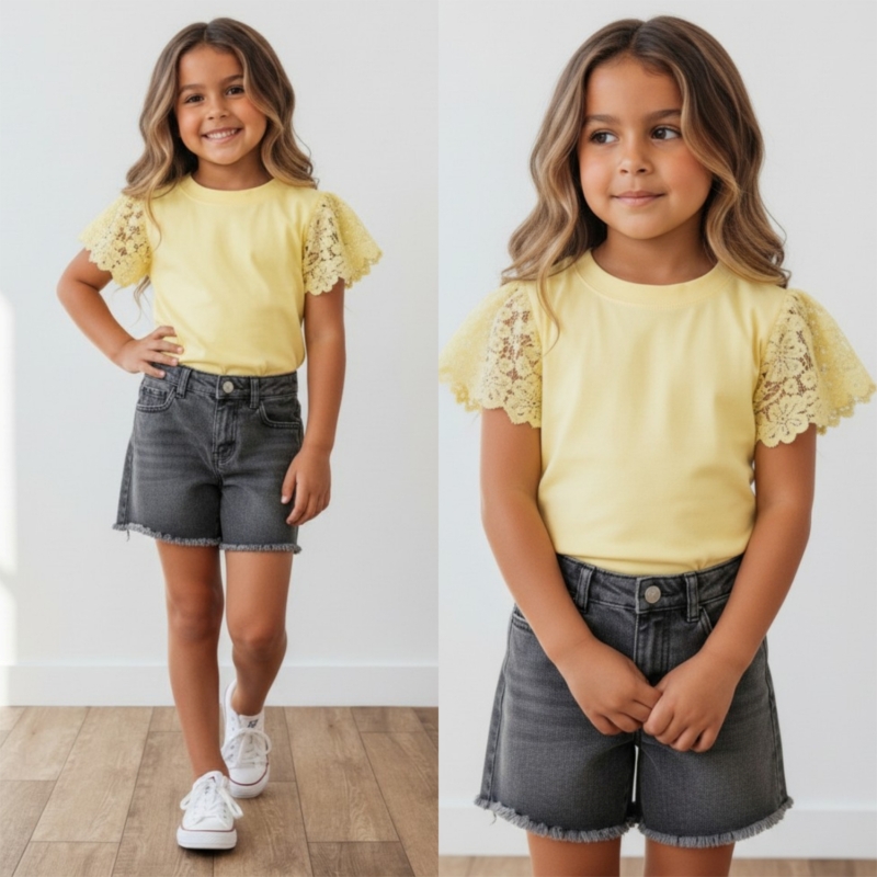 meisjes t shirt geel kanten mouwen (2)