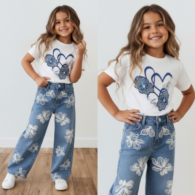 meisjes t shirt wit blauwe bloemen