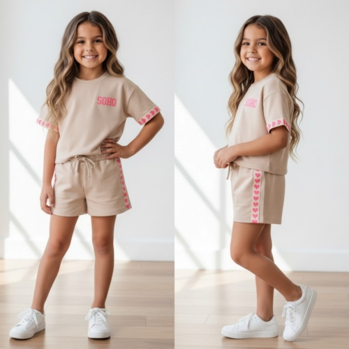 meisjes zomer set beige soho met roze hartjes