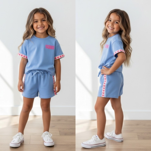 meisjes zomer set blauw soho met roze hartjes
