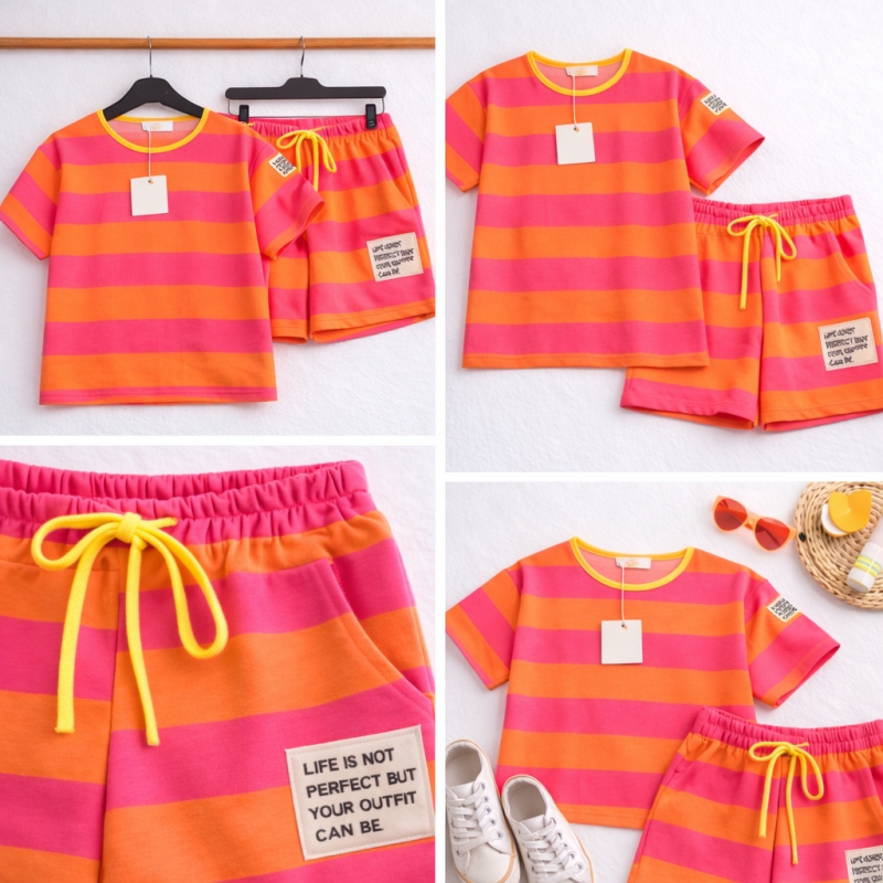 meisjes zomer set oranje roze strepen