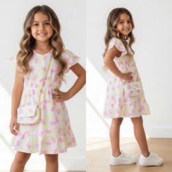 meisjes zomerjurkje blad print geel roze met tasje
