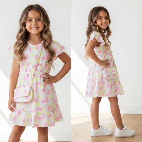 meisjes zomerjurkje blad print geel roze met tasje