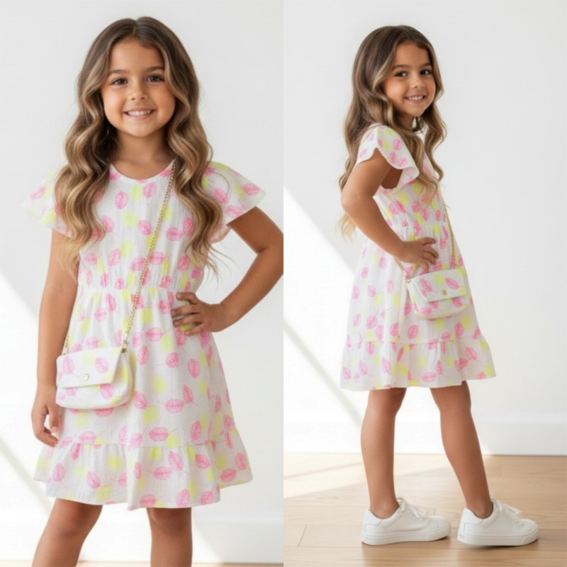 meisjes zomerjurkje blad print geel roze met tasje