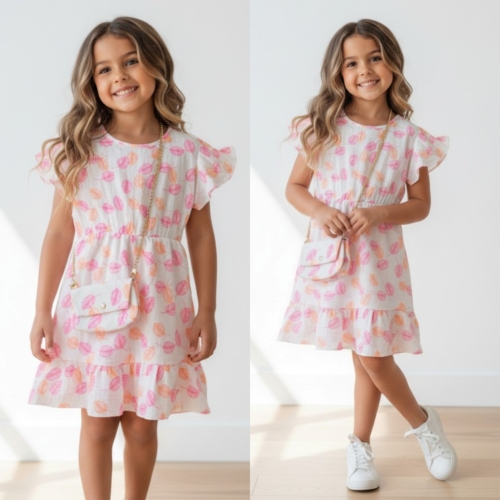 meisjes zomerjurkje blad print roze oranje met tasje