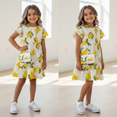 meisjes zomerjurkje citroen print met tasje