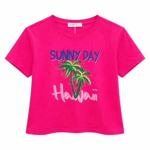 roze t shirt meisjes palmboom vakantie