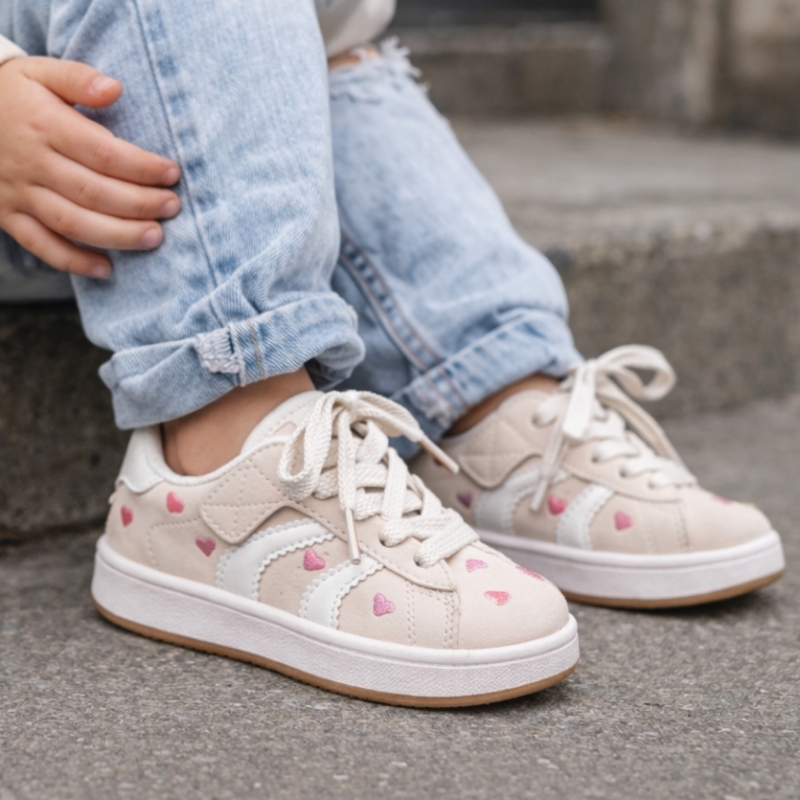 Meisjes sneakers beige met roze hartjes lage kinderschoenen Meisjes sneakers beige met roze hartjes lage kinderschoenen
