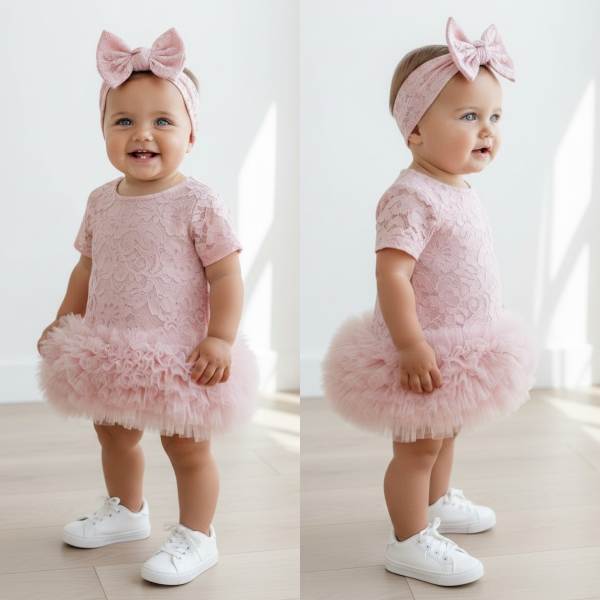 baby meisjes jurk roze kant met tutu en haarband feestjurk baby meisjes jurk roze kant met tutu en haarband feestjurk