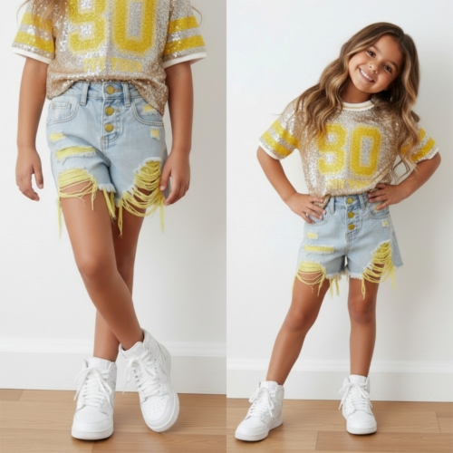 meisjes denim short blauw geel meisjes denim short blauw geel