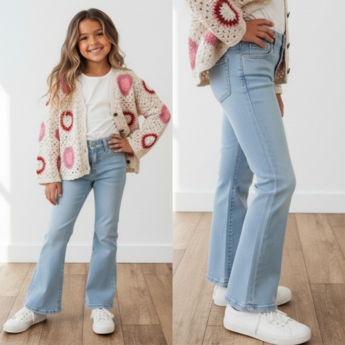 meisjes flared jeans lichtblauw met riem stretch denim
