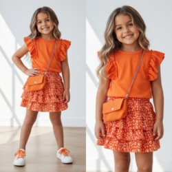 meisjes oranje shirt ruffle mouwen tasje koningsdag